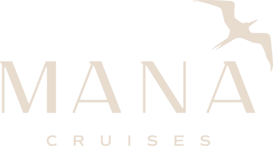 Cream-colored Mana Cruises logo with a bird silhouette on green background.
