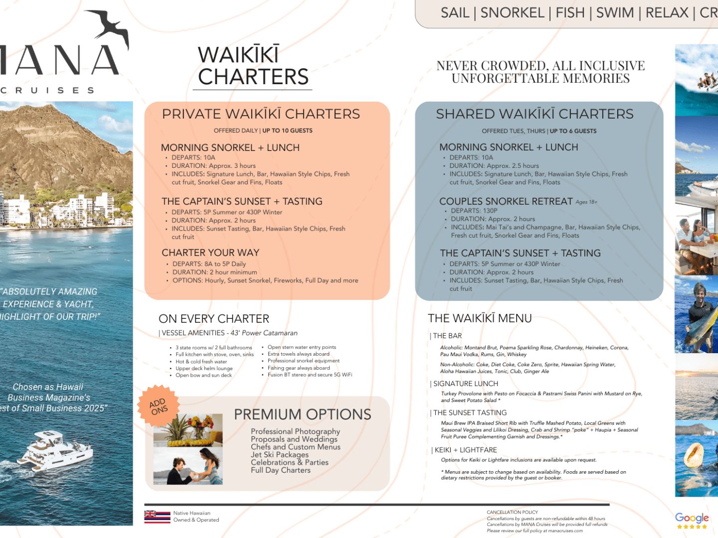 Mana Cruises brochure with Waikīkī charter details and images of a yacht and activities.
