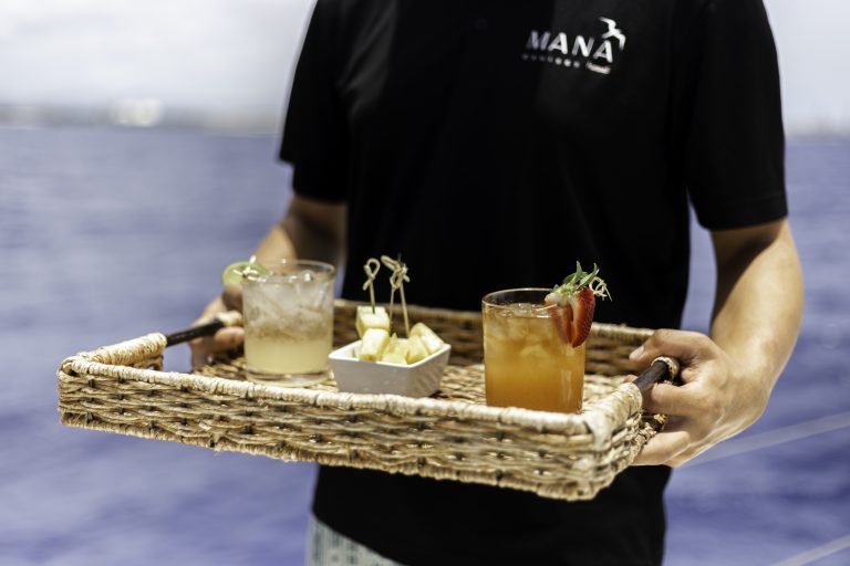 Person holding tray with drinks and fruit against a blurred blue background.