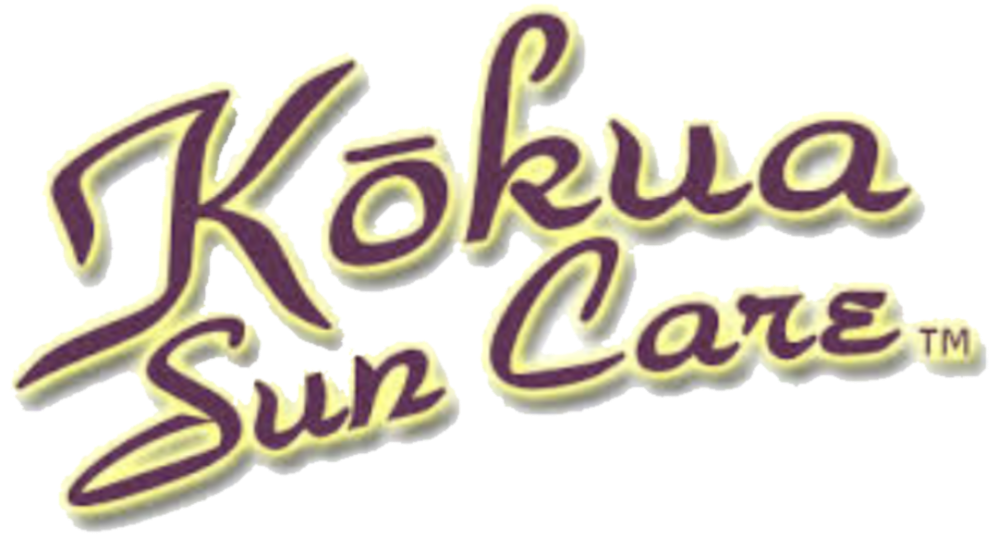 Logo with cursive text 'Kokua Sun Care' in purple outlined in yellow.