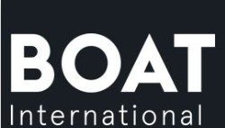 Logo with text 'BOAT International' on a dark background.