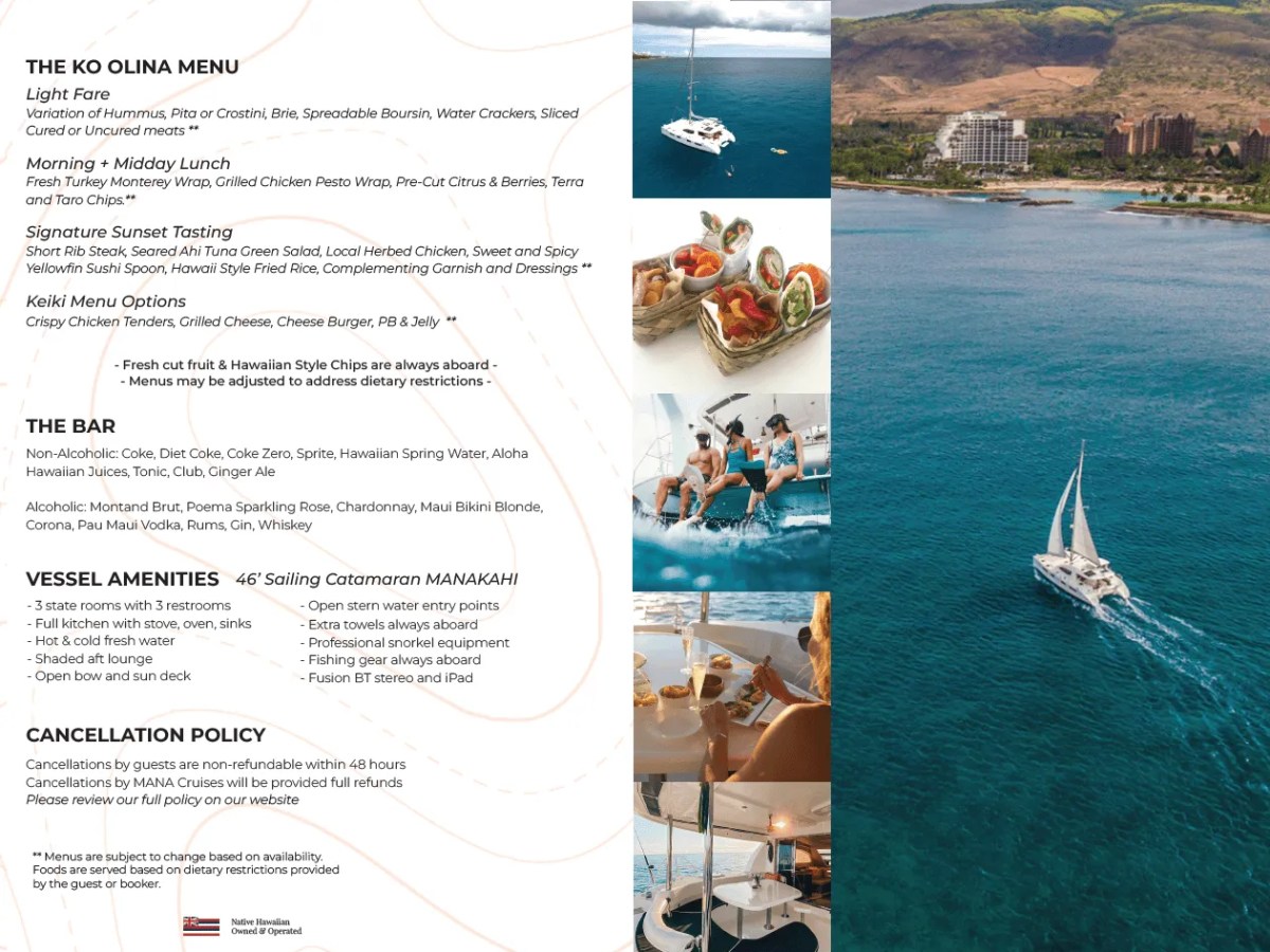 A menu for Ko Olina with images of a catamaran, food, and scenic ocean views.